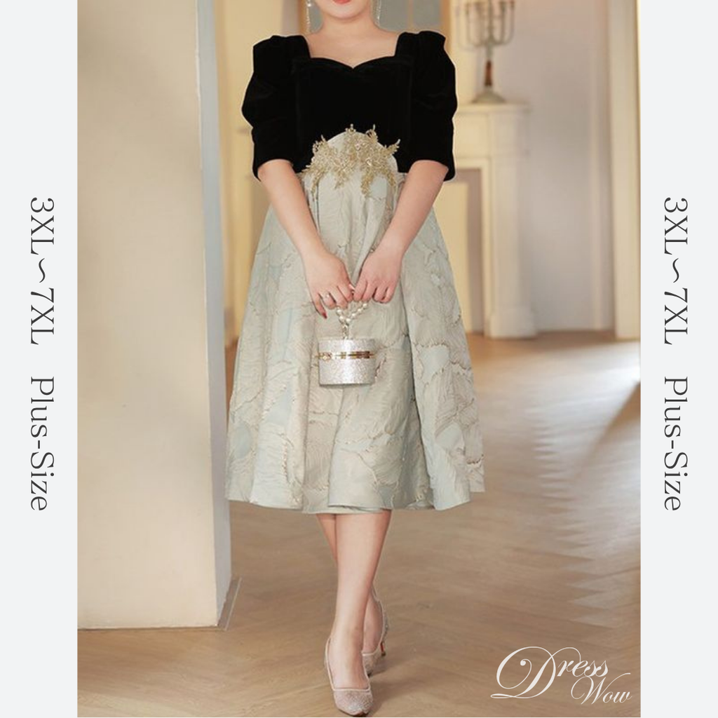 【3XL〜7XL】リーフジャガード切替デザインドレス　D2069