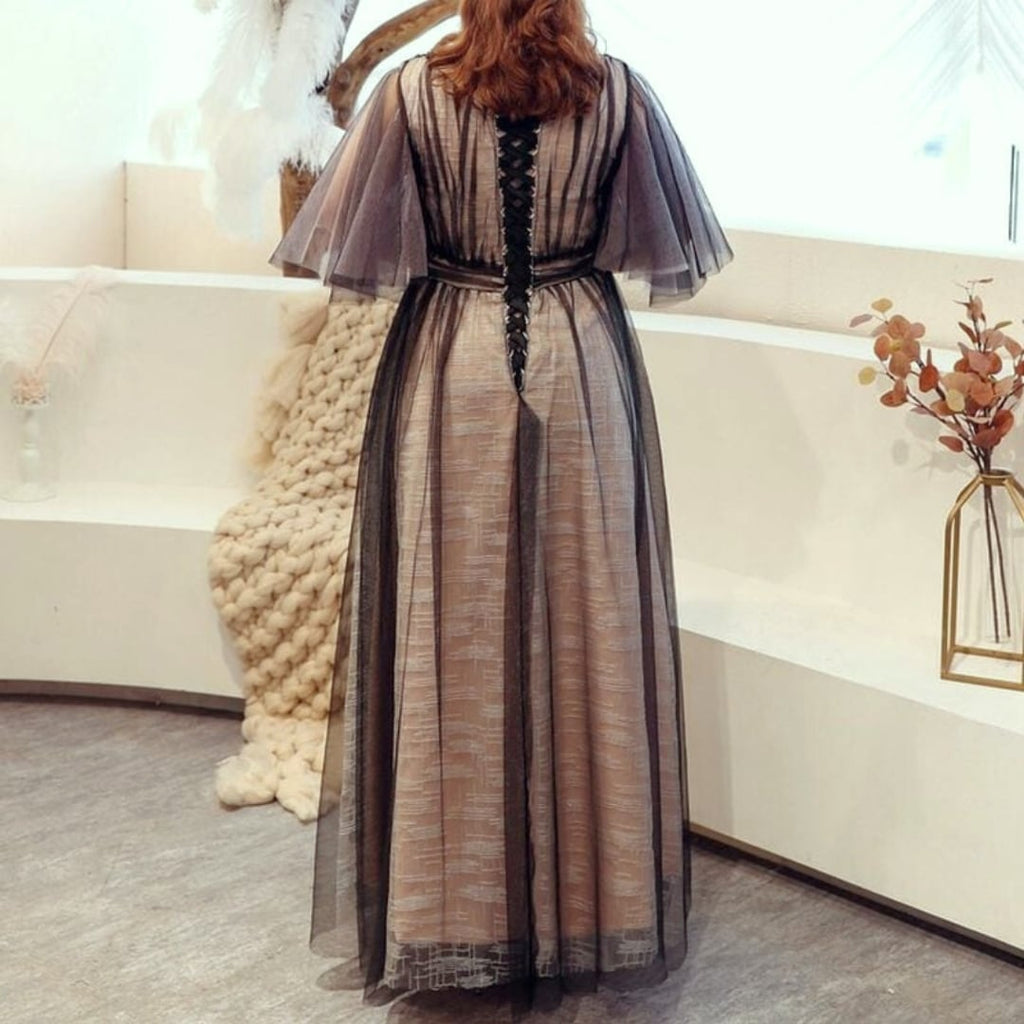 【3XL〜7XL】フレアスリーブチュールドレス　D1586
