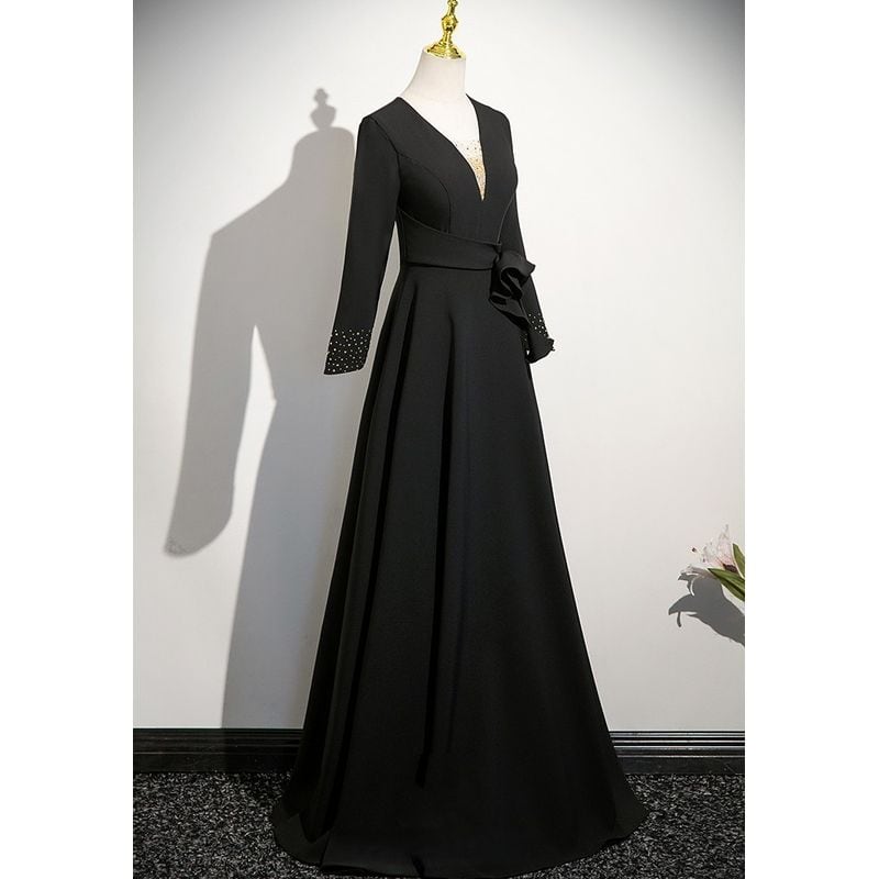 ウエストリボンVネックロングドレス　D1497