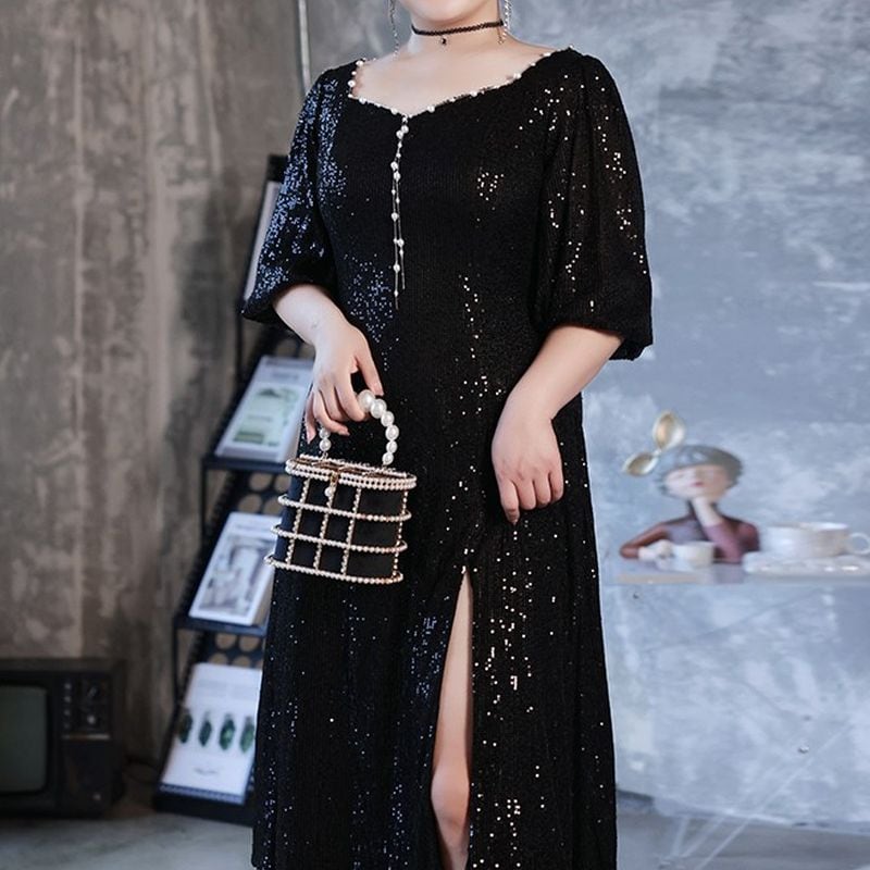 【3XL〜7XL】スパンコールスリットミディ丈ドレス　D1615