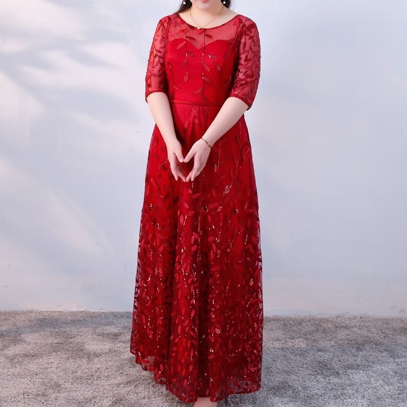 【3XL〜7XL】リーフ柄七分袖シアードレス　2color　D1608
