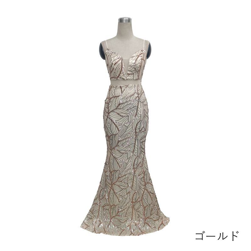 スパンコールリーフ柄マーメイドドレス　10color　D1684