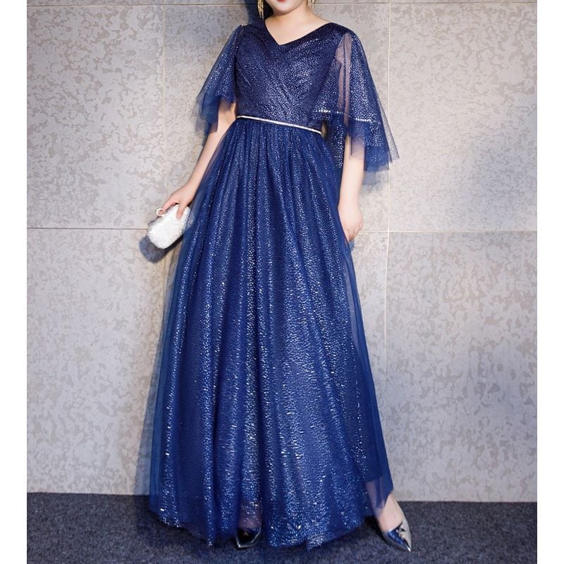 【3XL〜7XL】フレアスリーブグリッタードレス　D1623