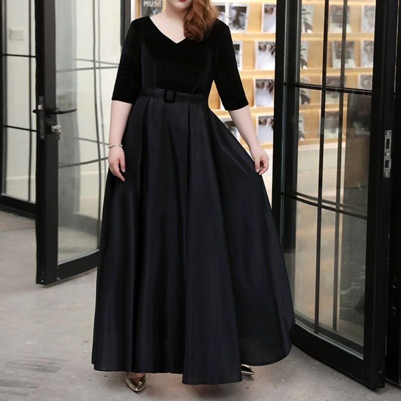 【3XL〜7XL】ベルベット切替Vネックドレス　D1618