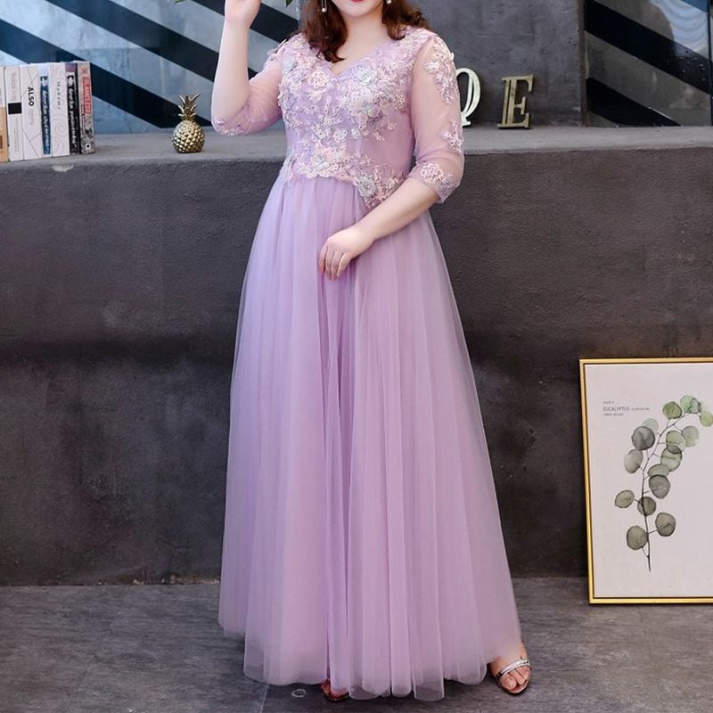 【3XL〜7XL】フラワー装飾チュールドレス　D1562