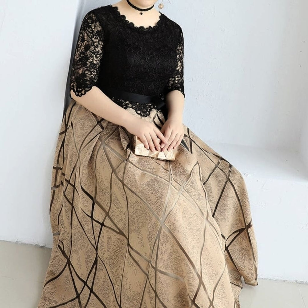 【3XL〜7XL】レース切替モダンロングドレス　D1624