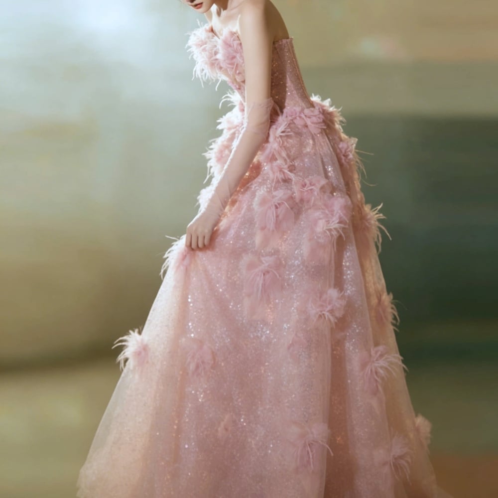 ドレスワオ ピンクローズドレス フラワーデザインベアトップドレス D1629 – DRESSWOW（ドレスワオ）