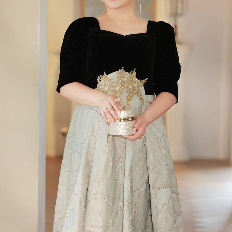 【3XL〜7XL】リーフジャガード切替デザインドレス　D1536