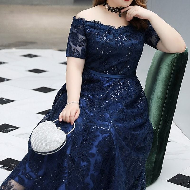 【3XL〜7XL】レースオフショルダードレス　D1531