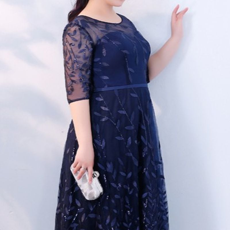 【3XL〜7XL】リーフ柄七分袖シアードレス　2color　D1608