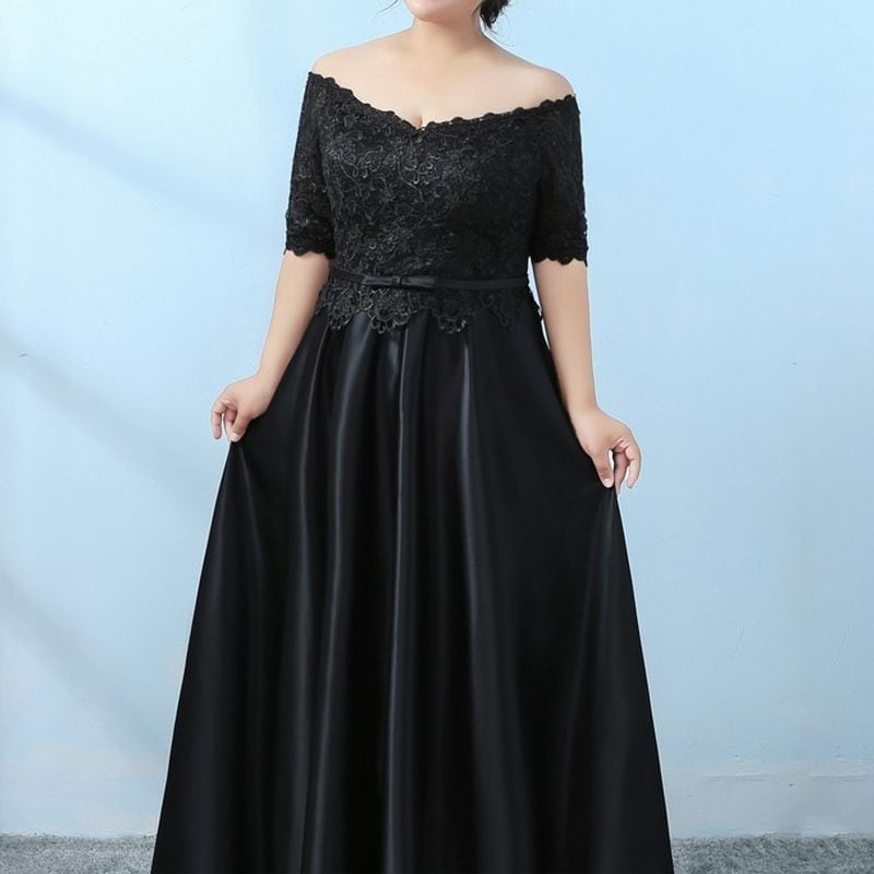 【3XL〜7XL】レース刺繍オフショルダーサテンドレス　2color　D1605