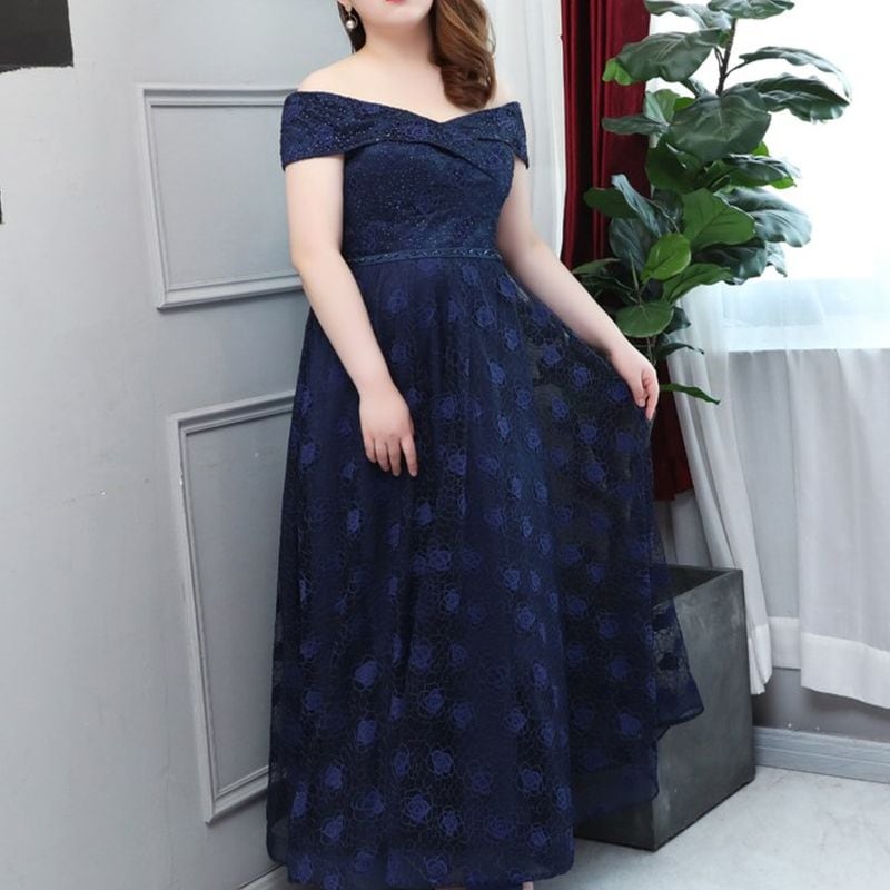 【3XL〜7XL】オフショルダーフラワーレースドレス　D1574