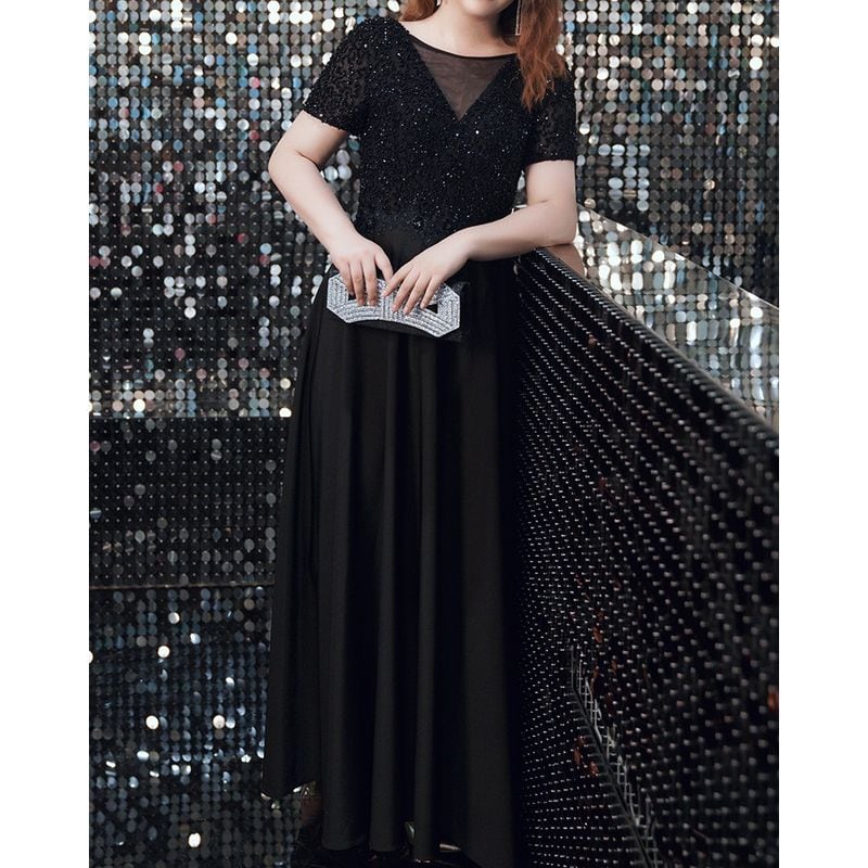 【3XL〜7XL】スパンコール装飾シアーVネックドレス　D1612