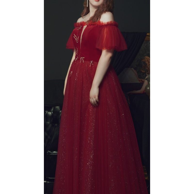 【3XL〜7XL】オフショルダーチュールドレス　D1549