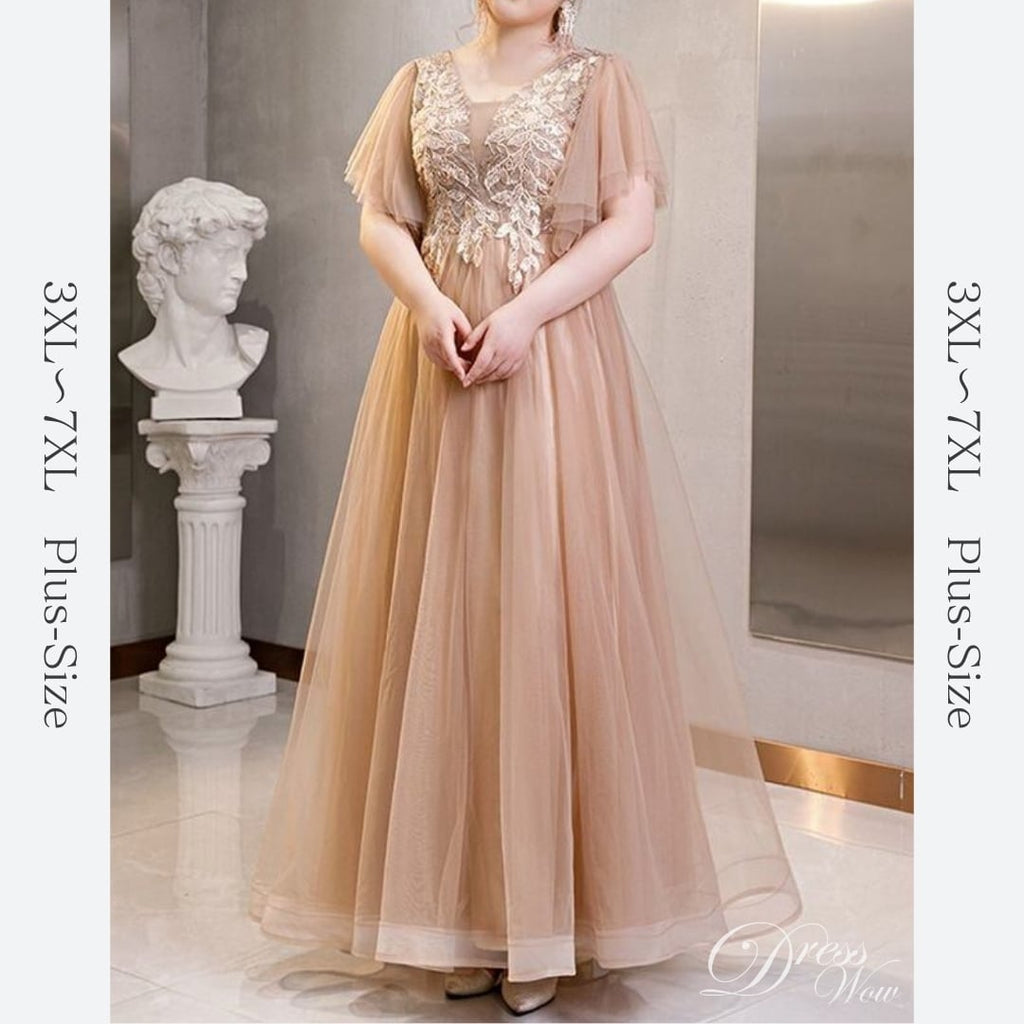 【3XL〜7XL】フレアスリーブチュールドレス　D1548