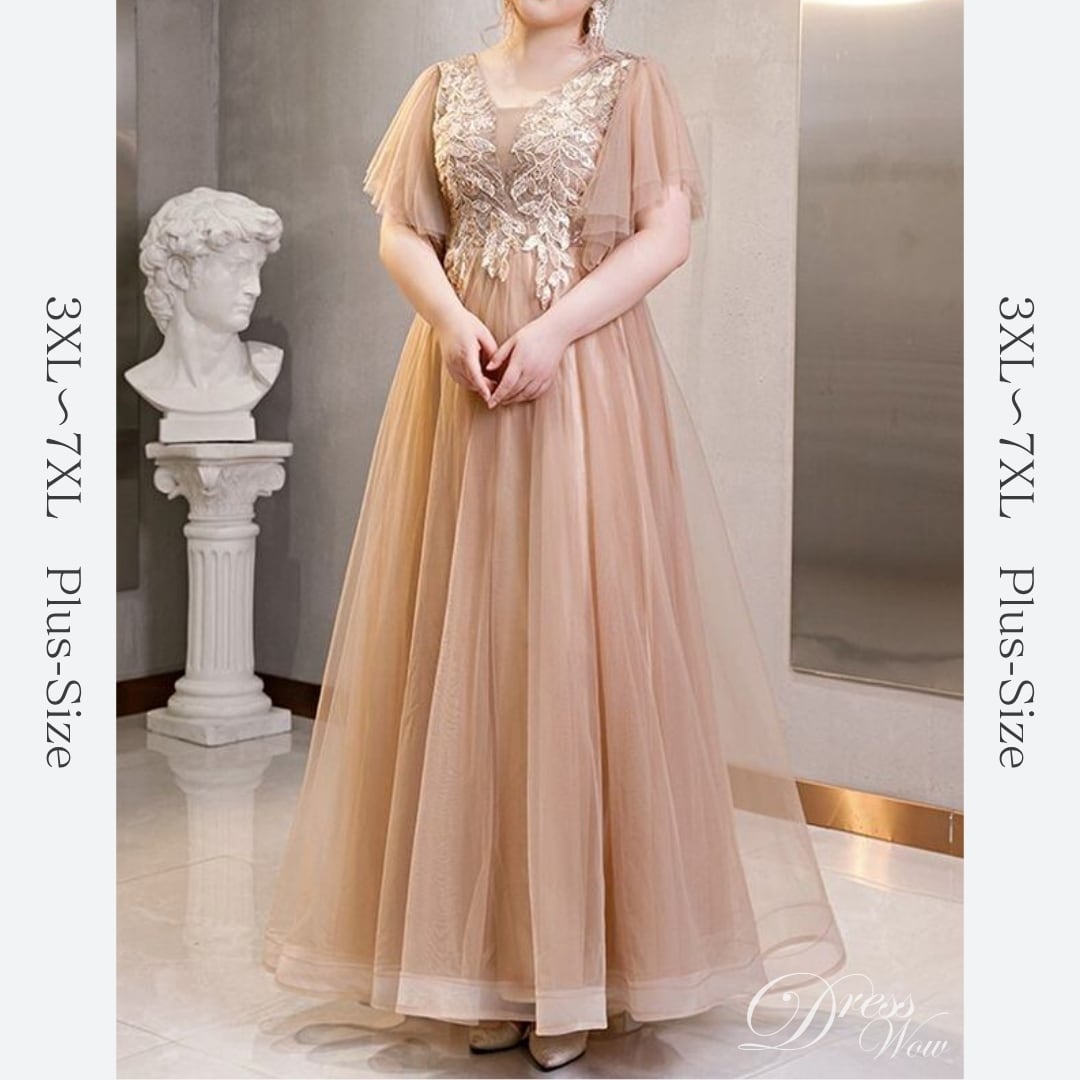 【3XL〜7XL】フレアスリーブチュールドレス　D1548