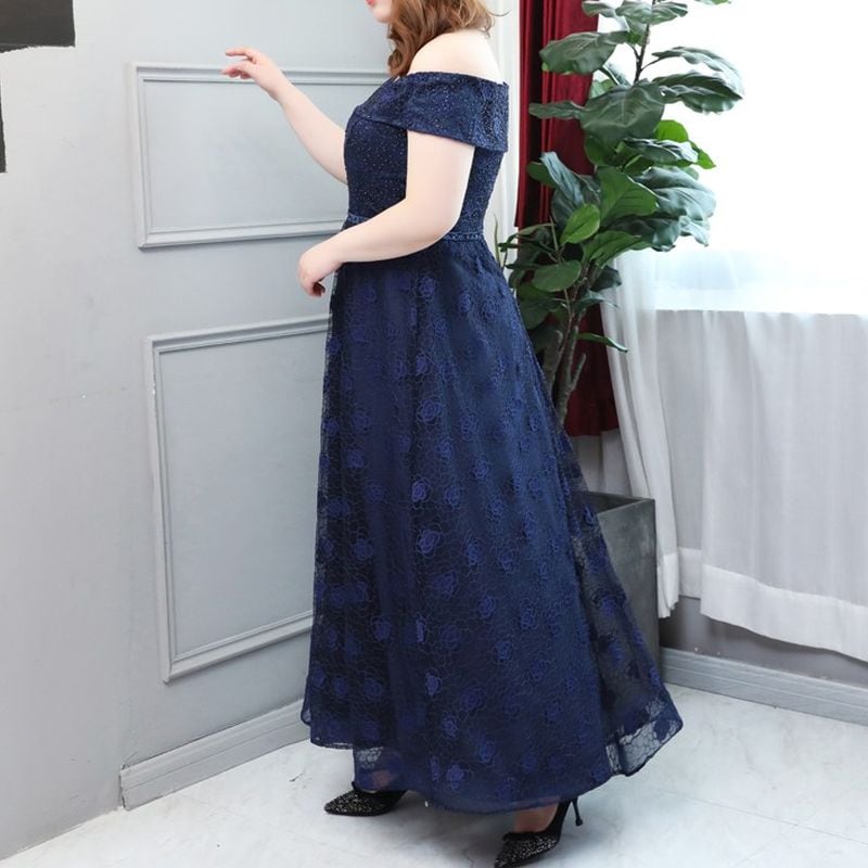 【3XL〜7XL】オフショルダーフラワーレースドレス　D1574