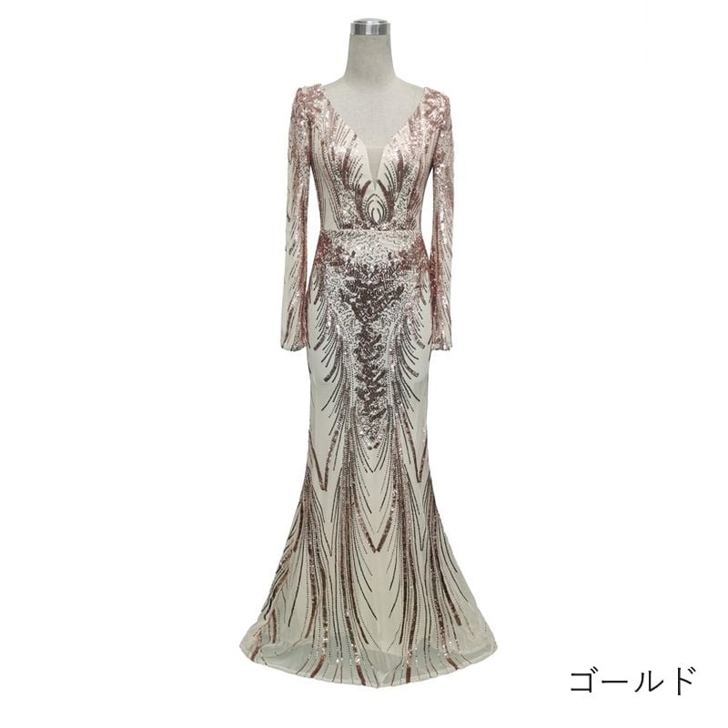 スパンコールロングスリーブマーメイドドレス　7color　D1696