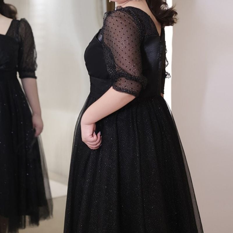 【3XL〜7XL】ヘムネックパフスリーブチュールドレス　D1614