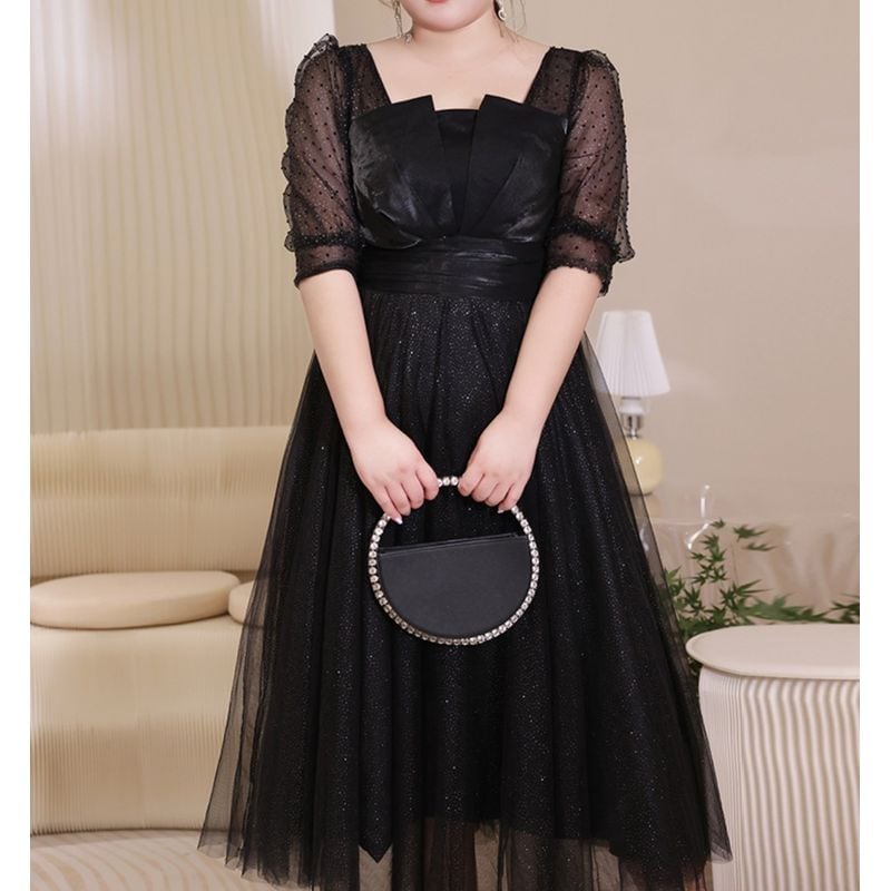 【3XL〜7XL】ヘムネックパフスリーブチュールドレス　D1614