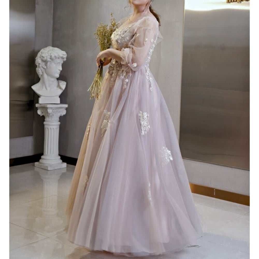 【3XL〜7XL】ロングスリーブチュールドレス　D1542