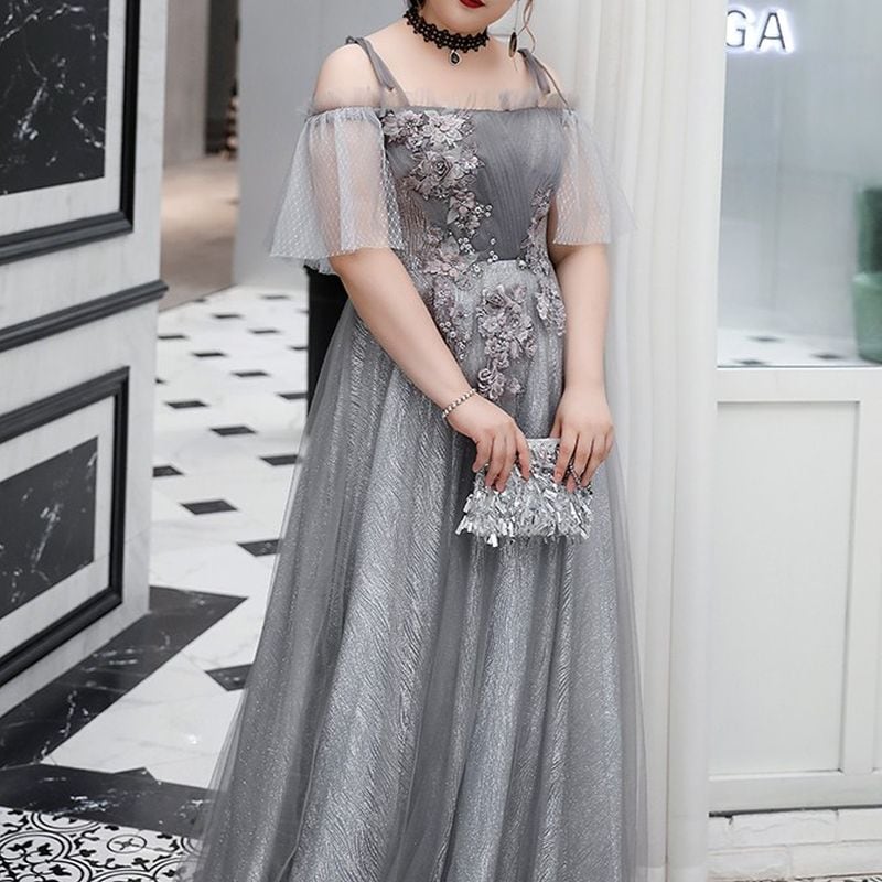 【3XL〜7XL】フリルスリーブチュールドレス　D1546