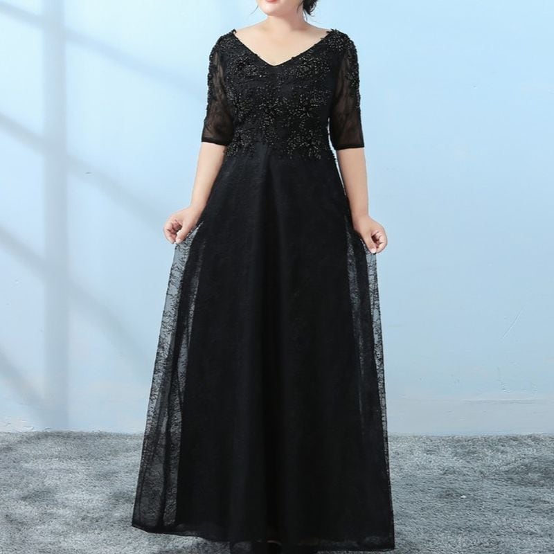 【3XL〜7XL】ビーズ装飾Vネックドレス　D1576