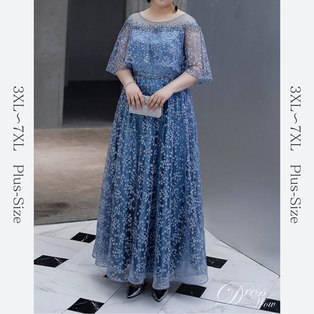 【3XL〜7XL】フラワー刺繍オーガンジードレス　D1606