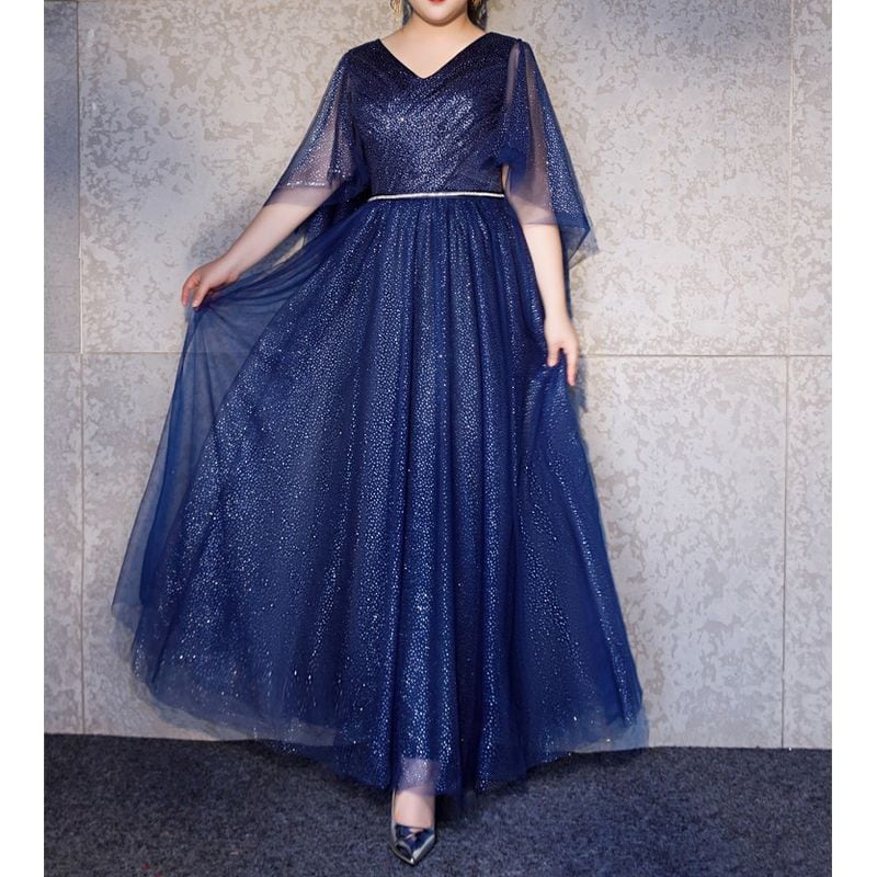 【3XL〜7XL】フレアスリーブグリッタードレス　D1623