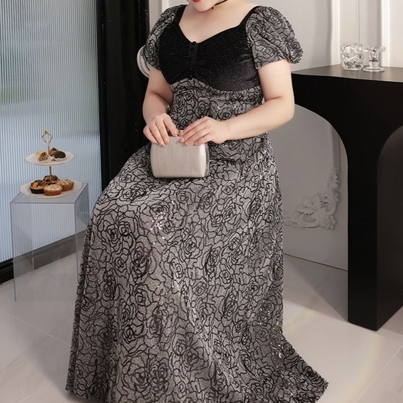 【3XL〜7XL】パフスリーブローズドレス　D1530