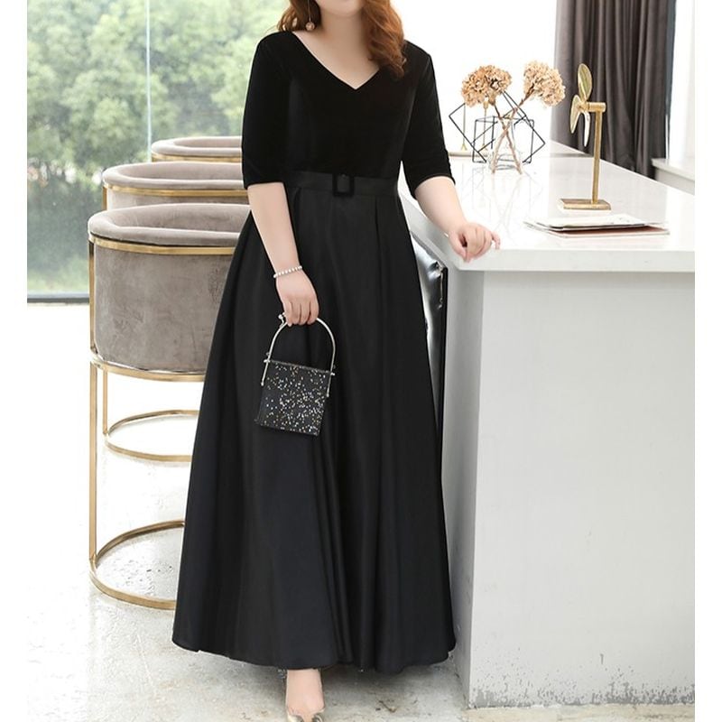 【3XL〜7XL】ベルベット切替Vネックドレス　D1618