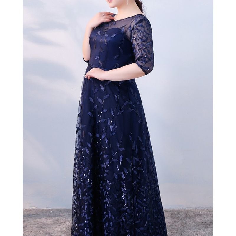 【3XL〜7XL】リーフ柄七分袖シアードレス　2color　D1608