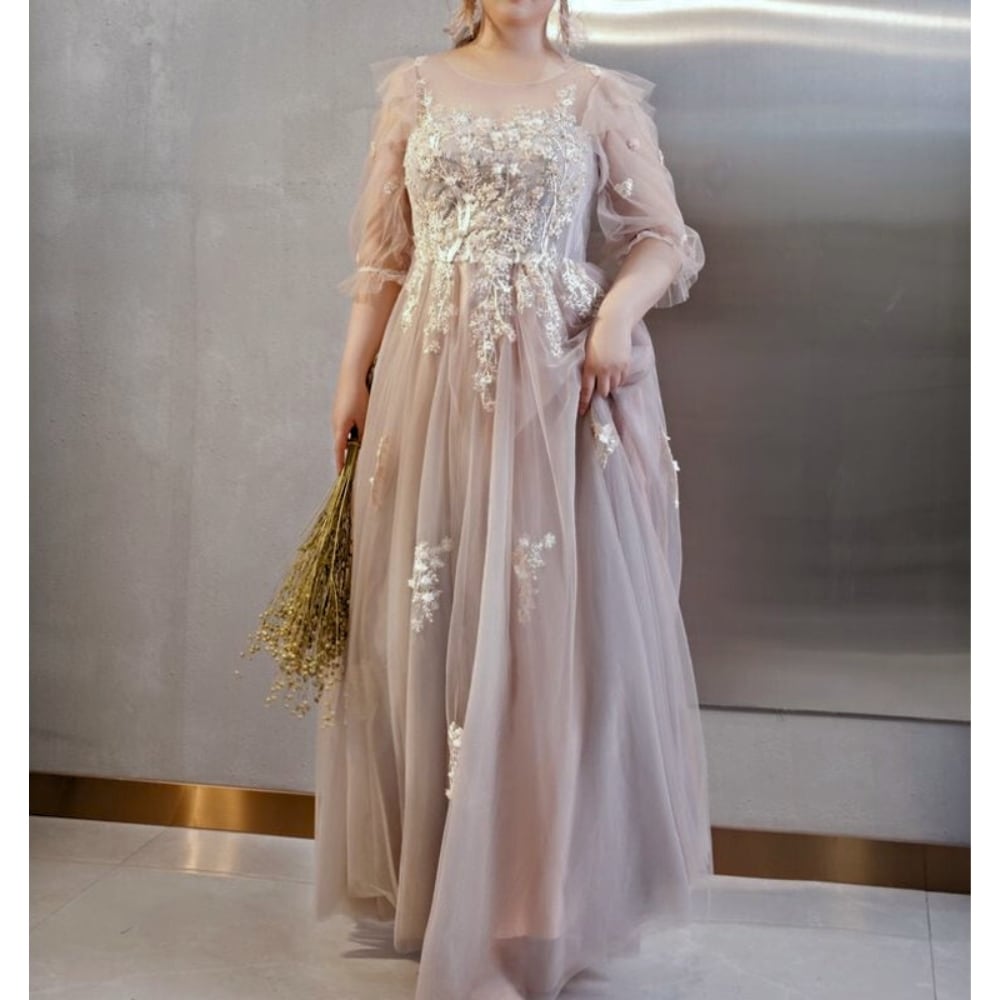 【3XL〜7XL】ロングスリーブチュールドレス　D1542