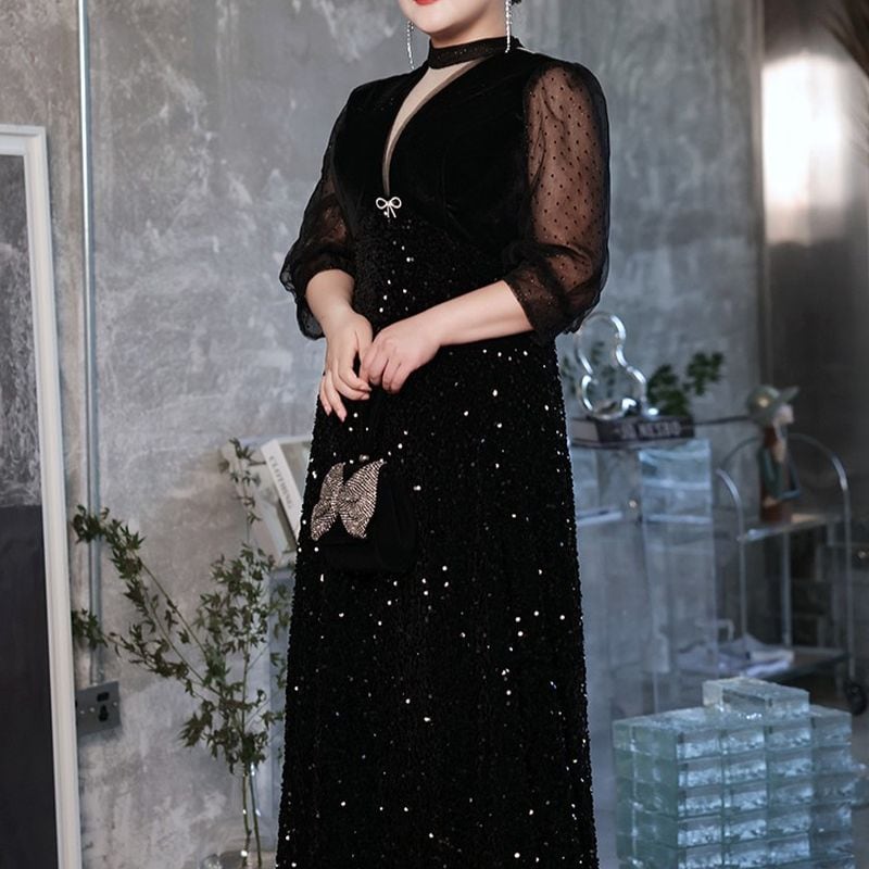 【3XL〜7XL】シアースリーブスパンコールドレス　D1537