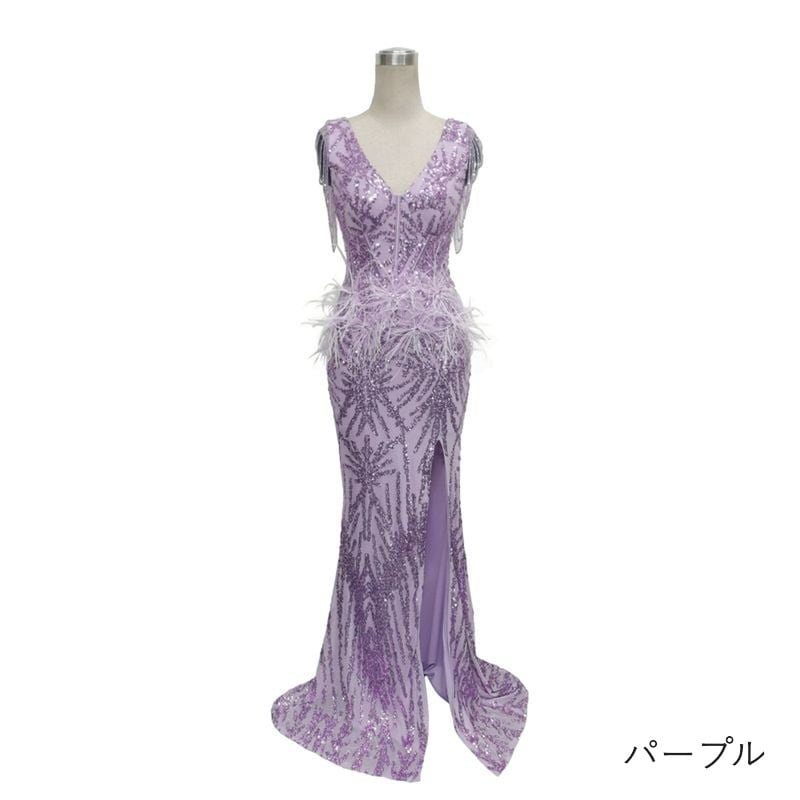フェザー装飾スパンコールマーメイドドレス　7color　D1676