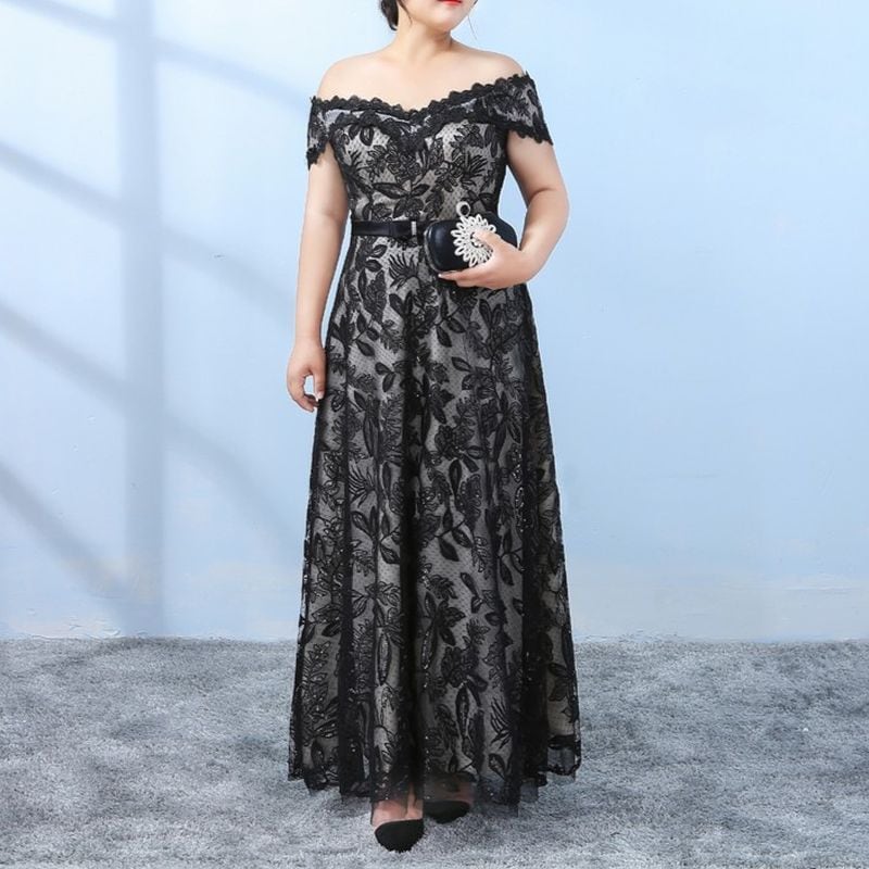 【3XL〜7XL】レースオフショルダードレス　D1591