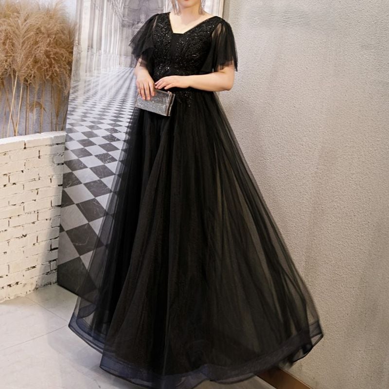 【3XL〜7XL】フレアスリーブチュールドレス　D1534