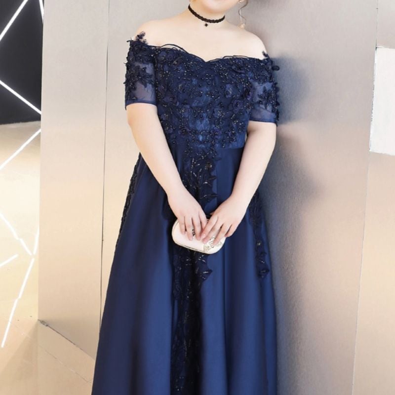 【3XL〜7XL】オフショルダーサテンドレス　2color　D1532