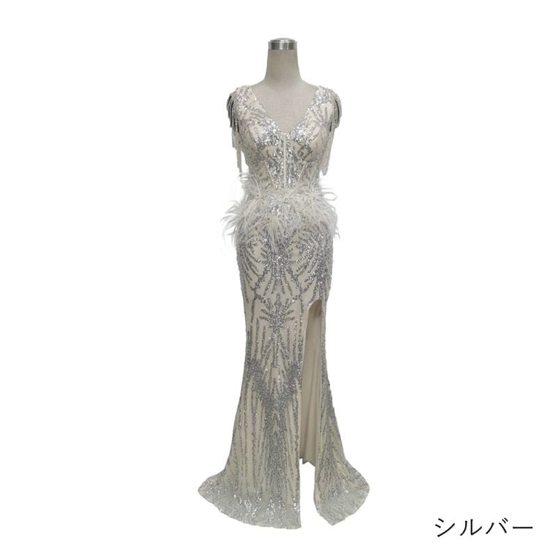 フェザー装飾スパンコールマーメイドドレス　7color　D1676