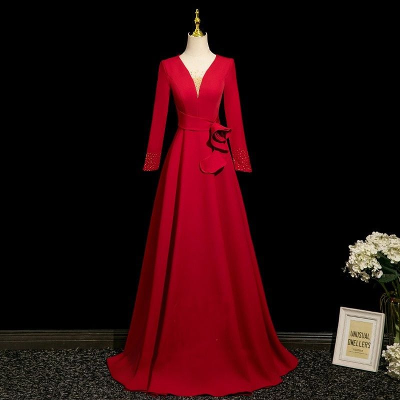 ウエストリボンVネックロングドレス　D1499