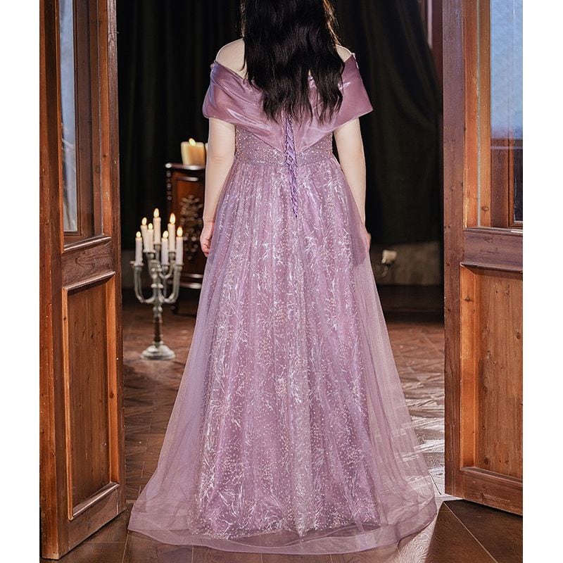 【3XL〜7XL】リボンオフショルダーチュールドレス　D1533