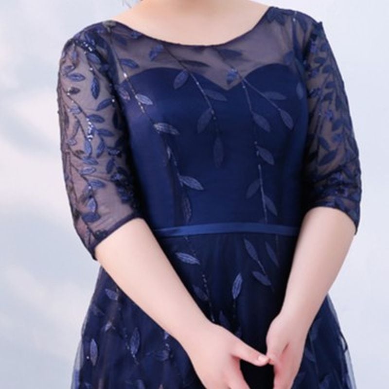 【3XL〜7XL】リーフ柄七分袖シアードレス　2color　D1608