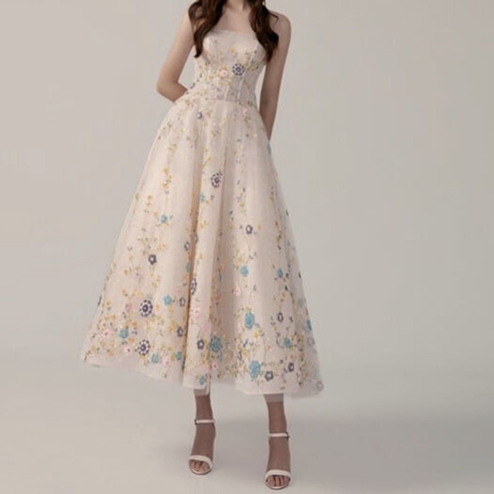 フラワー刺繍オフショルダーミディドレス　D1478
