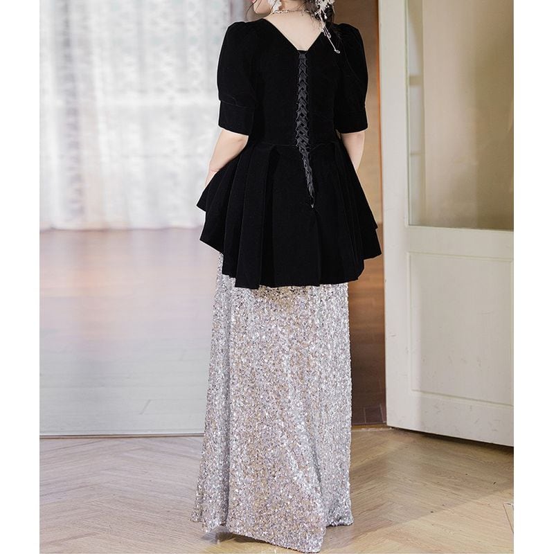 【3XL〜7XL】ベルベットスパンコールコンビドレス　D1528