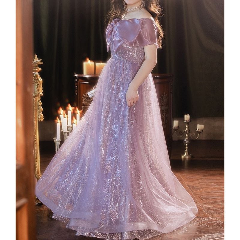 【3XL〜7XL】リボンオフショルダーチュールドレス　D1533
