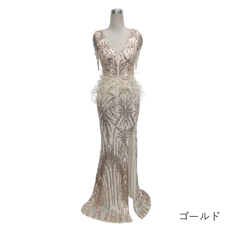フェザー装飾スパンコールマーメイドドレス　7color　D1676