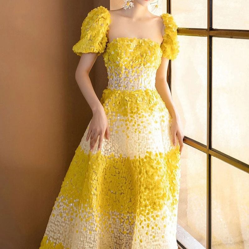 パフスリーブボーダーグラデーションドレス　D1802