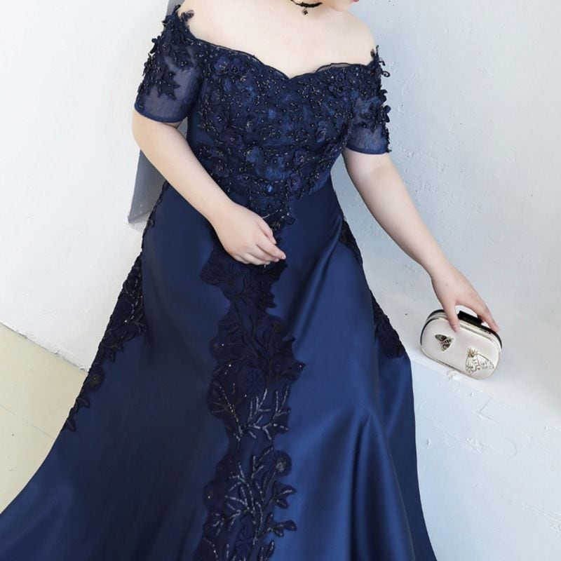 【3XL〜7XL】オフショルダーサテンドレス　2color　D1532