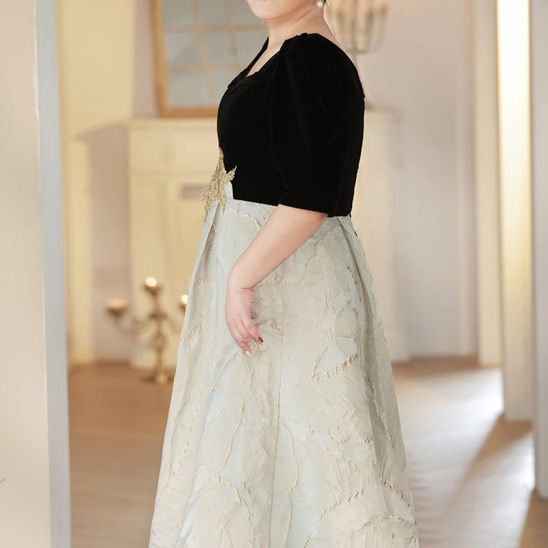 【3XL〜7XL】リーフジャガード切替デザインドレス　D1536