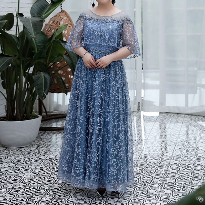 【3XL〜7XL】フラワー刺繍オーガンジードレス　D1606